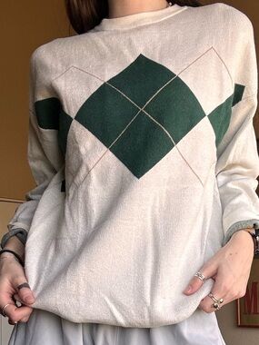 Cream Sweater with Dark Green Argyle